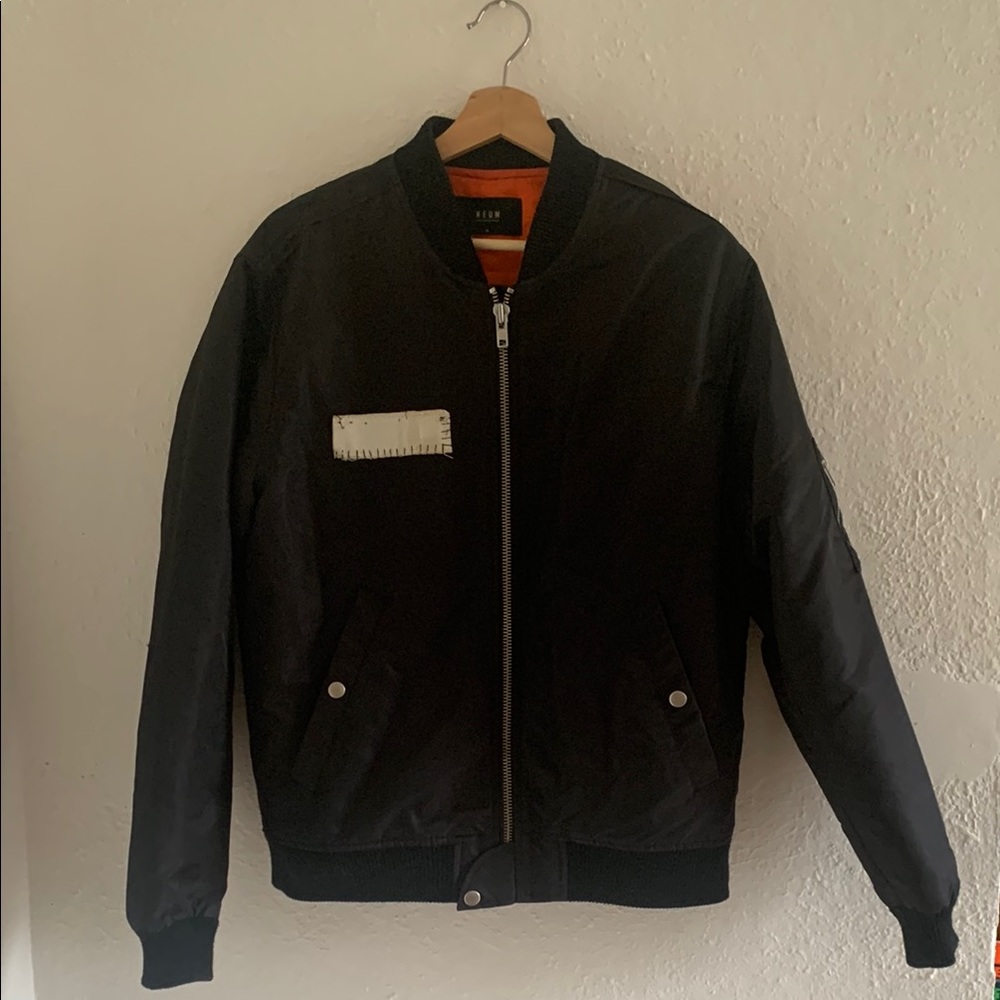 Neuw Black Bomber Jacket with Orange quilted lining. Size Medium.